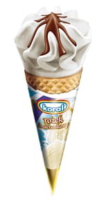 Koral - Lody śmietankowe w rożku waflowym z sosem czekoladowym - 110 ml