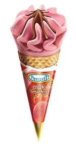 Koral - Lody truskawkowe w rożku waflowym z sosem truskawkowym - 110 ml