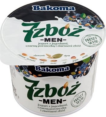 Bakoma - 7 zbóż men jogurt z jagodą, czarną porzeczką oraz zbożami, ziarnami słonecznika i dyni - 300 g