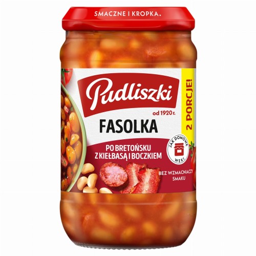 Pudliszki - Fasolka po bretońsku z kiełbasą i boczkiem - 610 g
